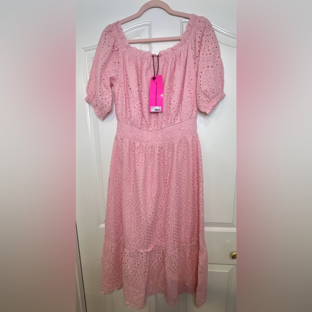 Betsey Johnson OffShoulder Cotton Eyelet Midi Dress Almond Blossom Size L NWT